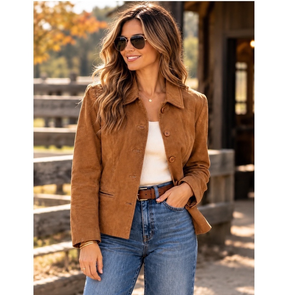 Vintage Leather Minimalist Blazer Cognac Brown Western Ranch Jacket Boho Sz L
